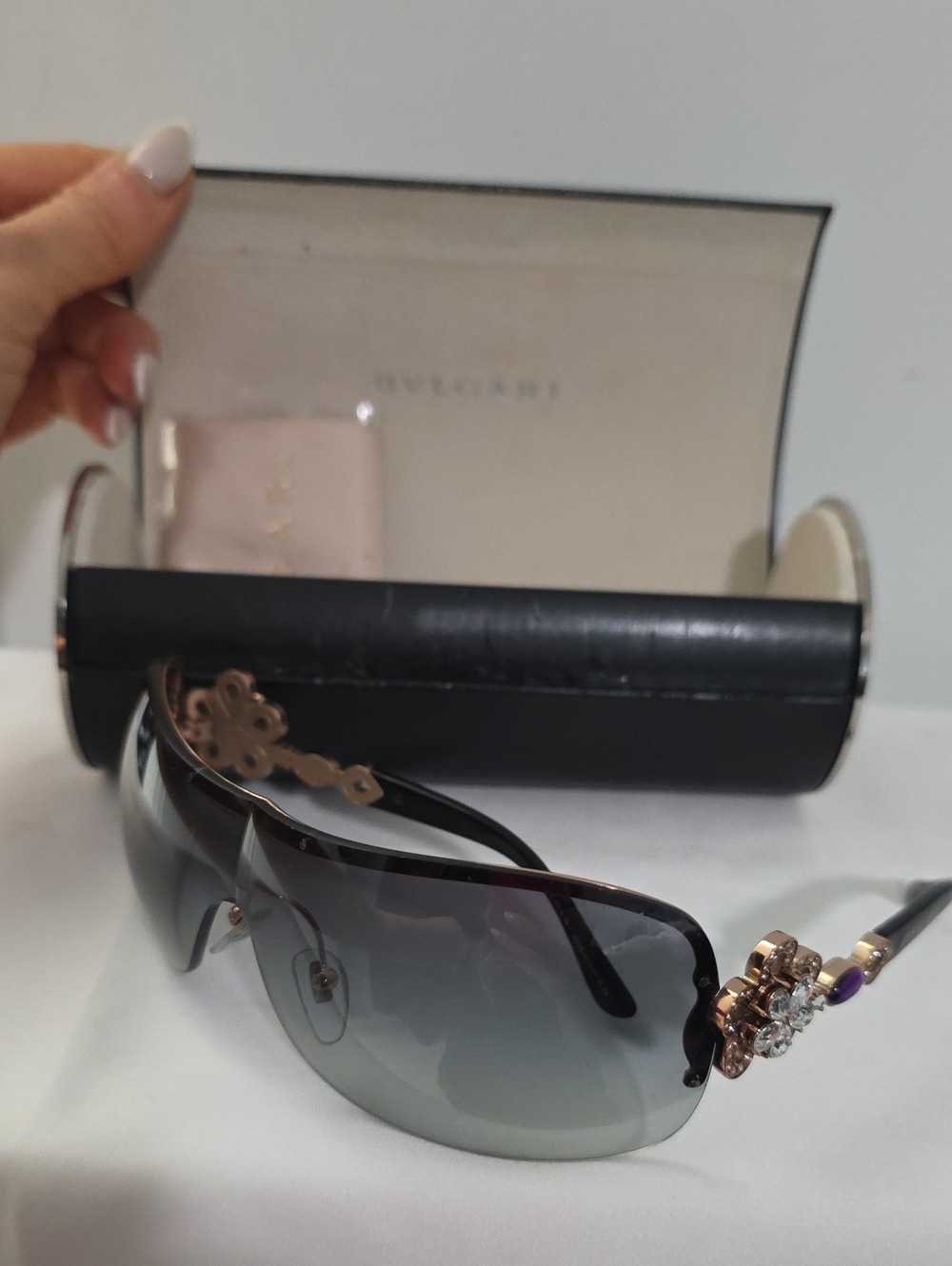 Bvlgari Crystal Black Gradient Shield Sunglasses with Rose Gold Floral Accents